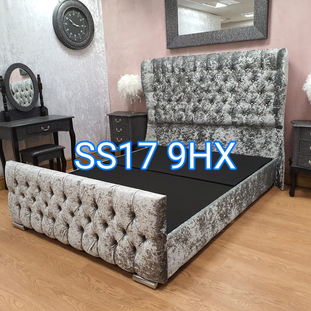Crushed Velvet Bed - Sardar Wing bed Grey Crushed Velvet